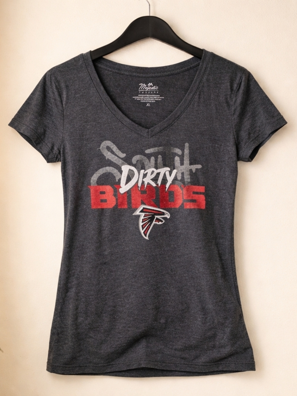 Majestic Charcoal V-Neck Tee with Red and White 'Dirty Birds' Graphic - Picture 1 of 5
